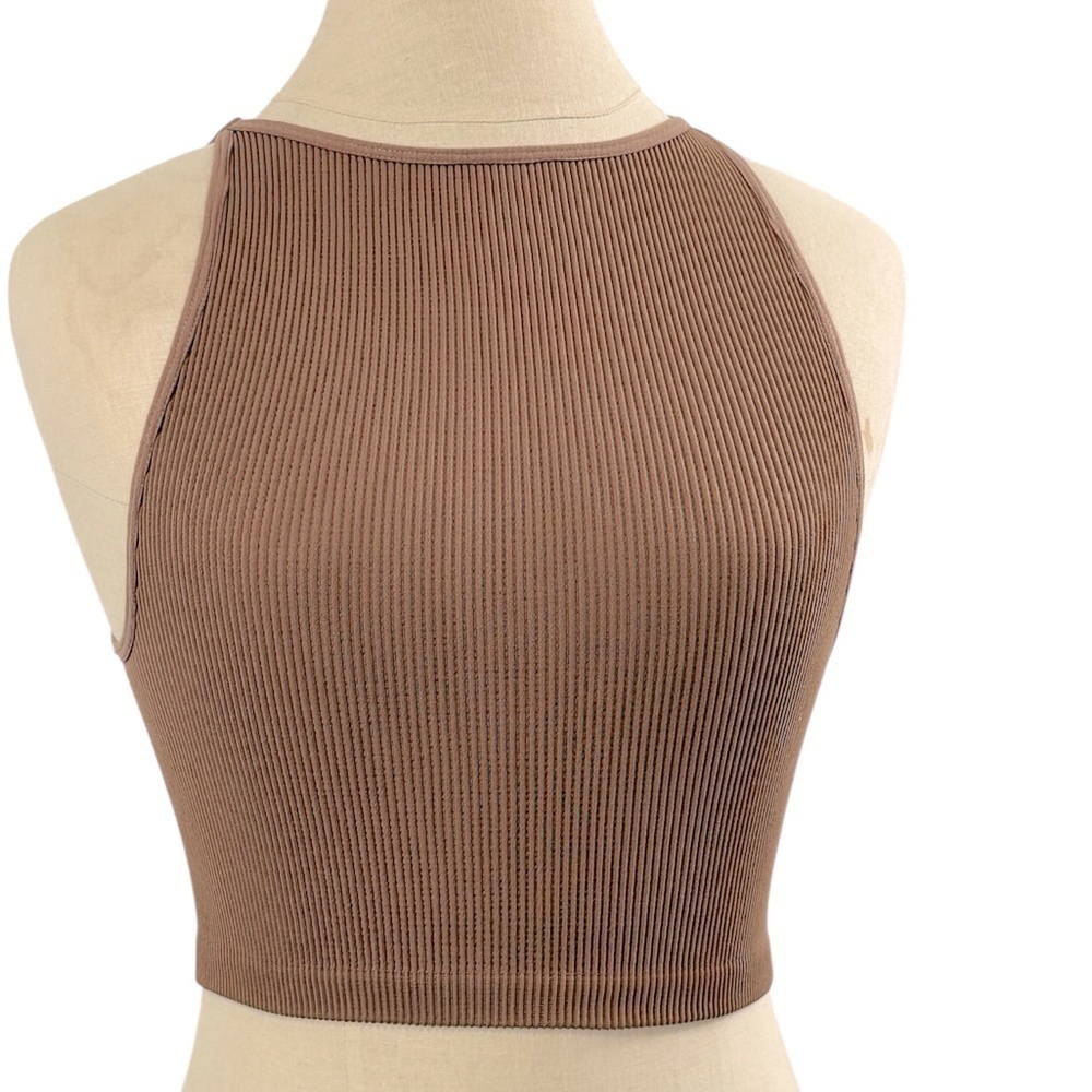 Cotton:On | Brown Ribbed High Neck Cropped Tank